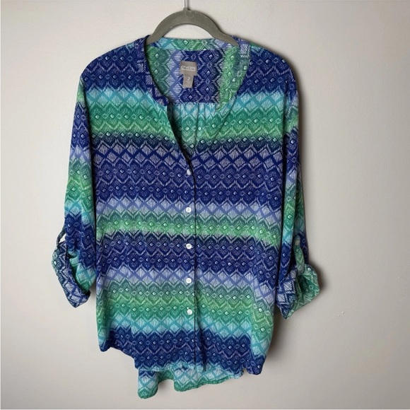 Chico's Blouse Size 2 (Large, 12) Top Shirt 3/4 Roll-Tab Sleeves V-Neck Button - Picture 2 of 7